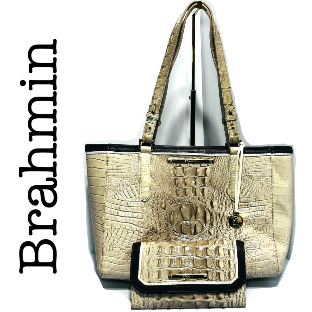 Brahmin Medium Asher Tan Crocodile Embossed Women's Bag and Wallet Set